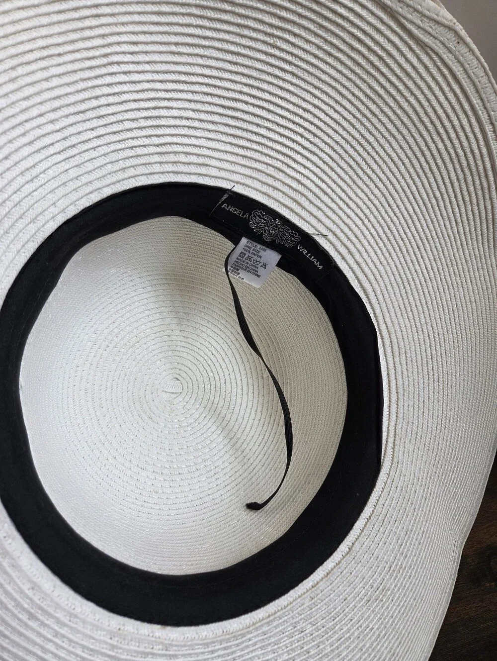 Angela William Straw Beach Sun Hat White Paper Black Band Resortwear Travel